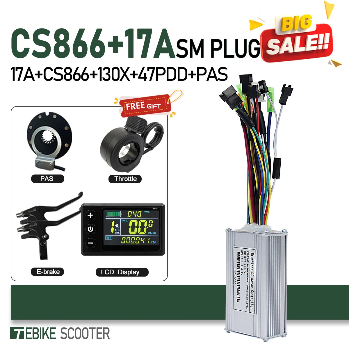 E-bike 3-Mode SineWave Controller 17A 26A 30A 40A Color LCD S866 GD02 Display