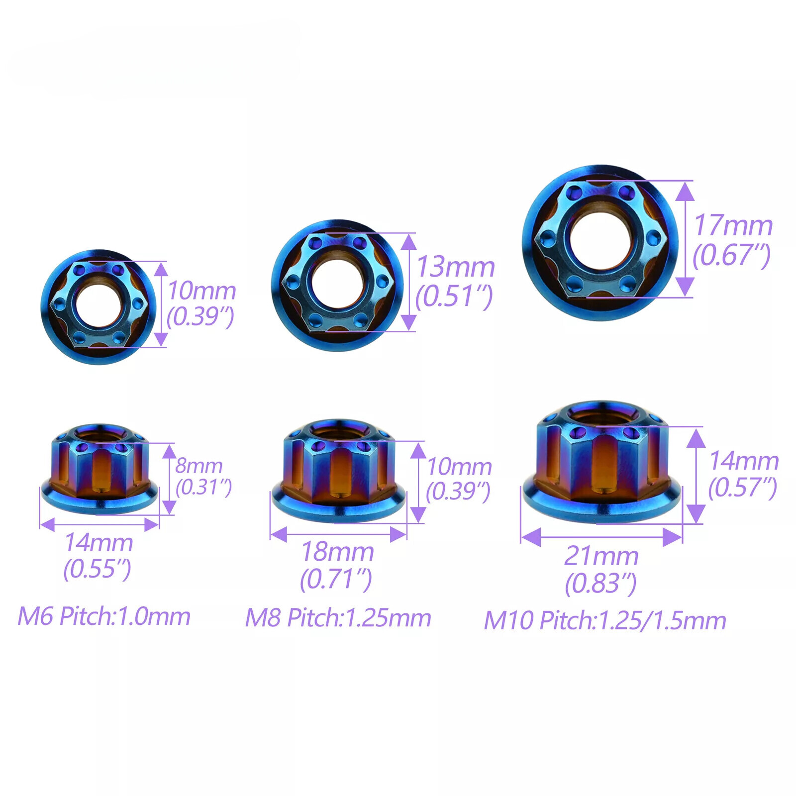 6pcs Titanium Nut M6 M8 M10 M12 M14 M16 Ti Flange Nuts for Motorcycle Rear Axle