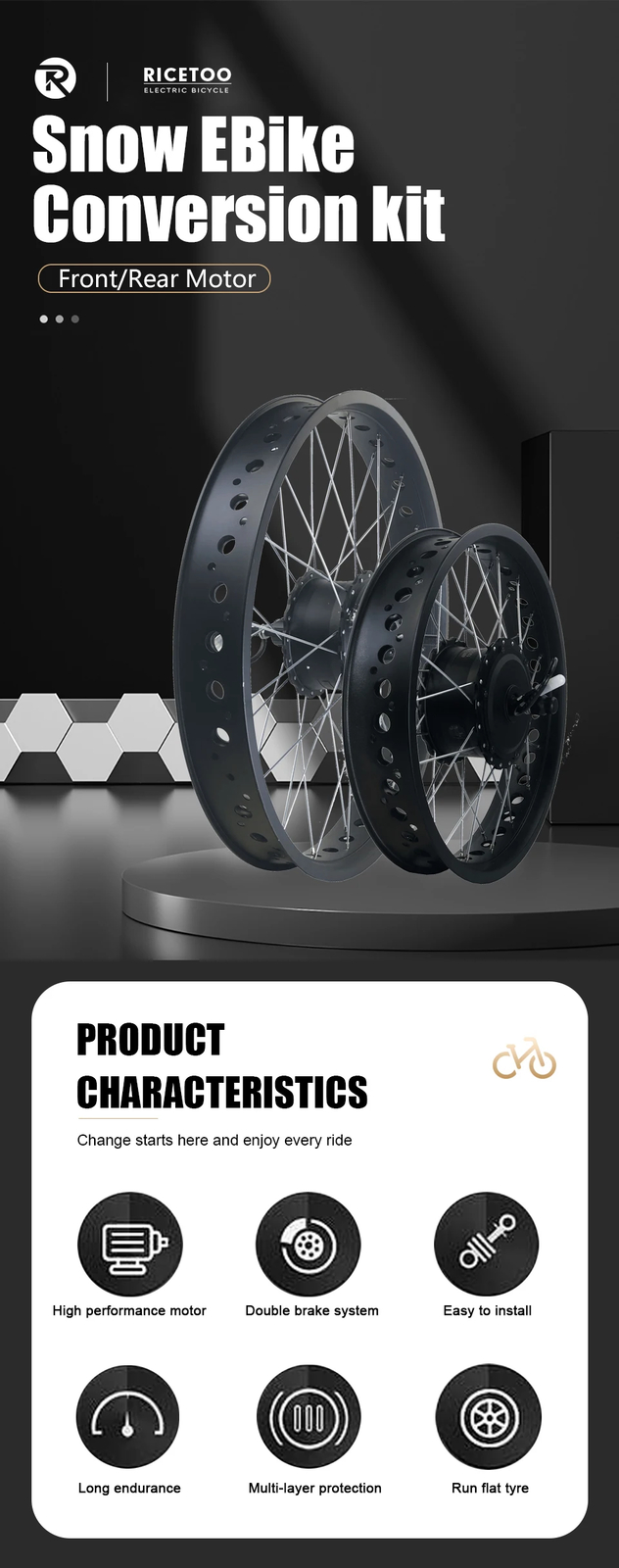 500W 36V 48V Fat Electric Bike 20 26inch 4.0 Tyre Front/Rear Hub Motor Wheel Kit