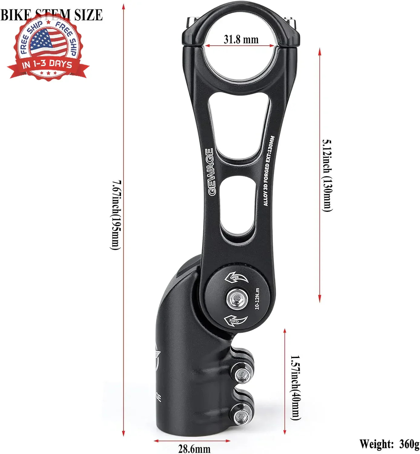 GEWAGE Bike Stem – 130 Degree Adjustable Bicycle Stem- 75mm 90mm 130mm Handlebar
