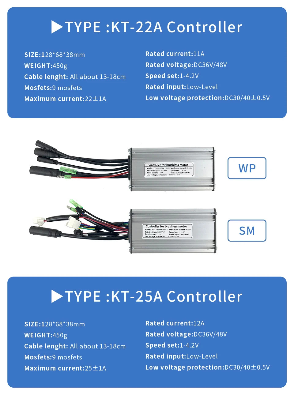Electric Bicycle KT Sinewave Controller 36V 48V 250W-1000W SM/Waterproof Plug