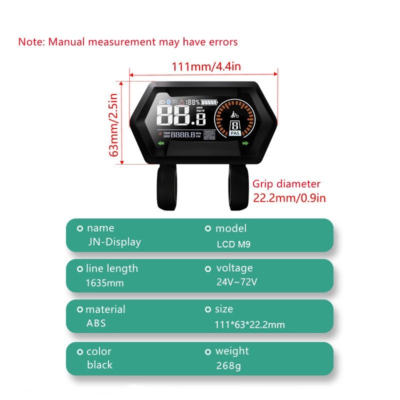 E-Bike Compatible M9 Smart LCD Color Screen with light wire 5PIN+2PIN SM plug.