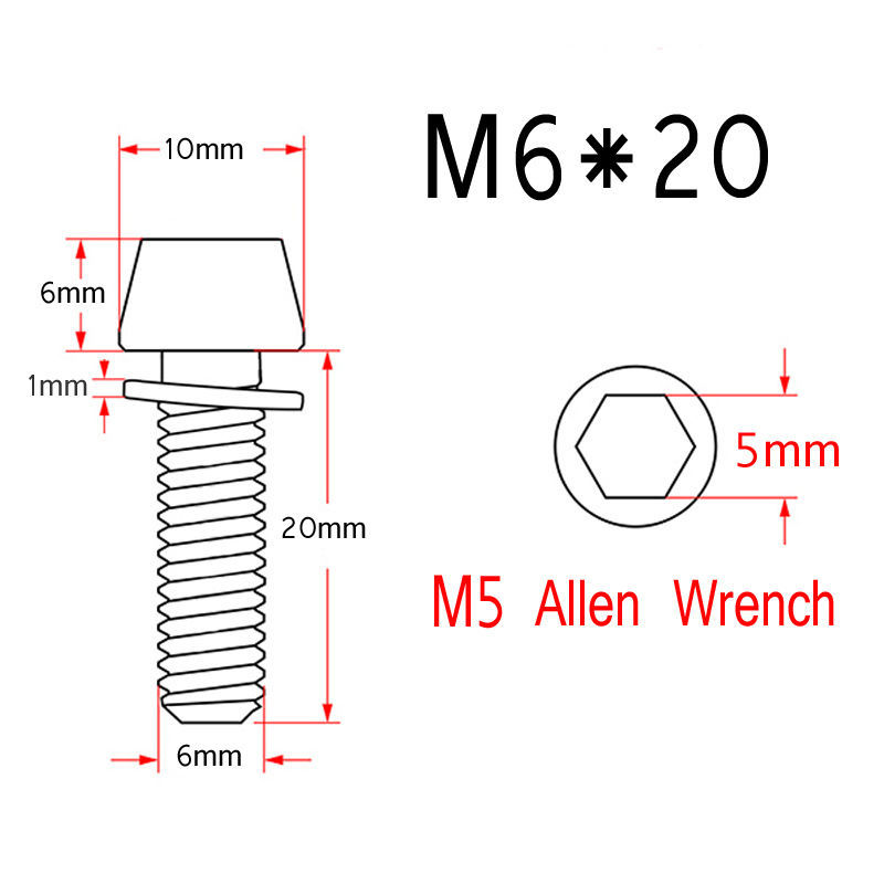 M6x20mm Titanium Ti Bolt Taper Allen Head With Titanium Washers 6Pcs