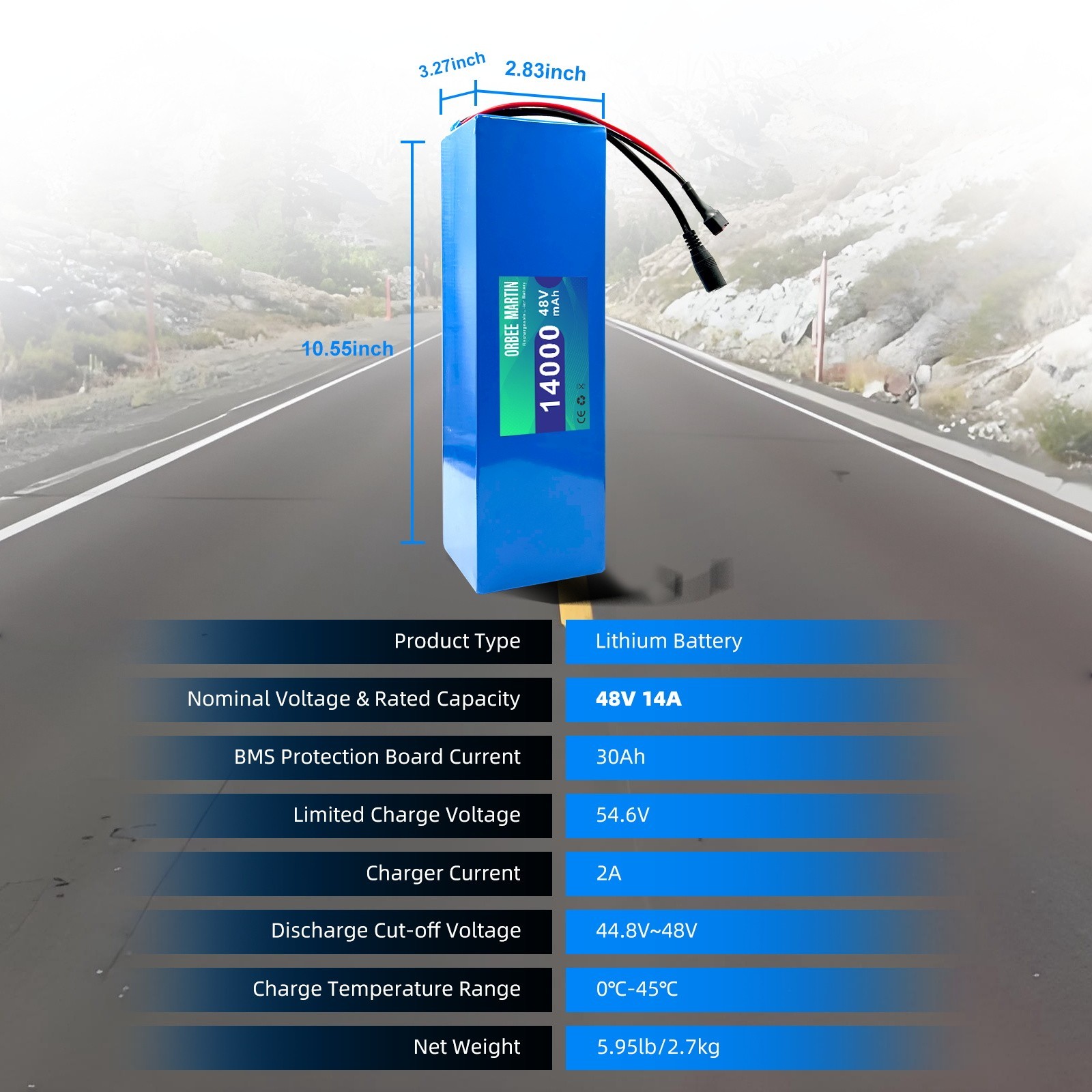 ORBEE MARTIN 48V 14Ah Rechargeable Battery, Lithuim Battery,XT60 Connector DIY