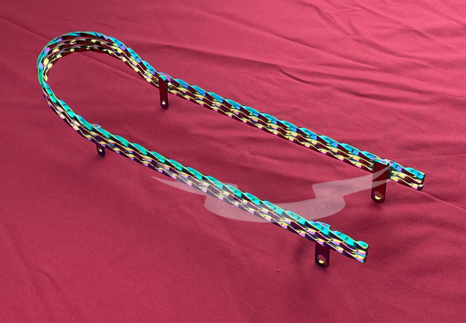 18″ LONG LOWRIDER BICYCLE TRIPLE SQUARE TWISTED SISSY BAR IN (OIL SLICK) NEON.