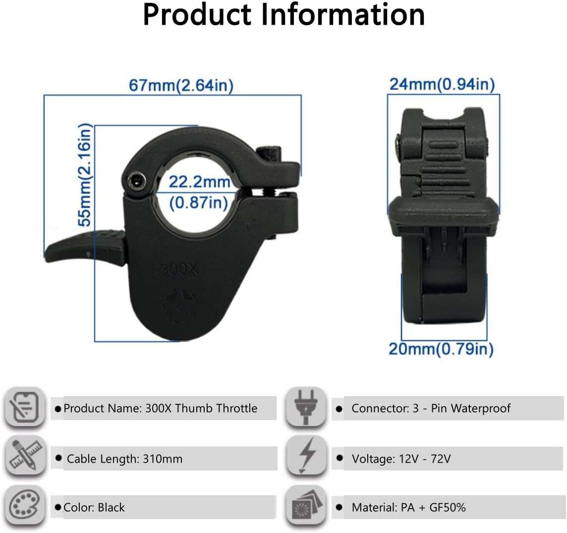 Ebike Thumb Throttle,12V/24V/36V/48V/52V/60V/72V 3-Pin M8 Waterproof Ebike Throt
