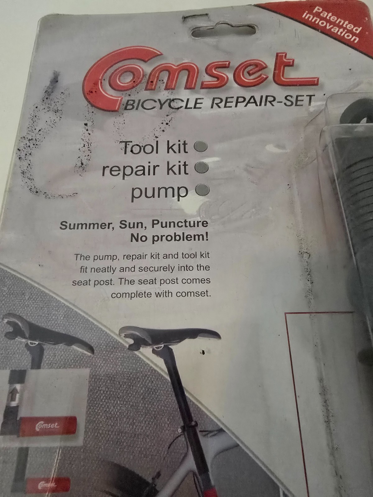 Comet Bicycle Repair Kit Seat Post Mount Air Pump Patches Glue Sandpaper Germany