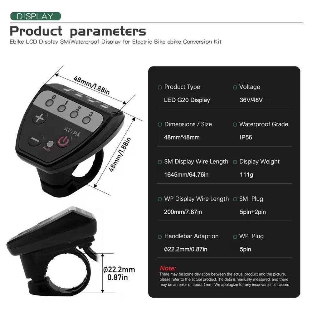 Electric Bike Display 36/48V LED G20 Control Panel Controller Parts SM/WP Plug