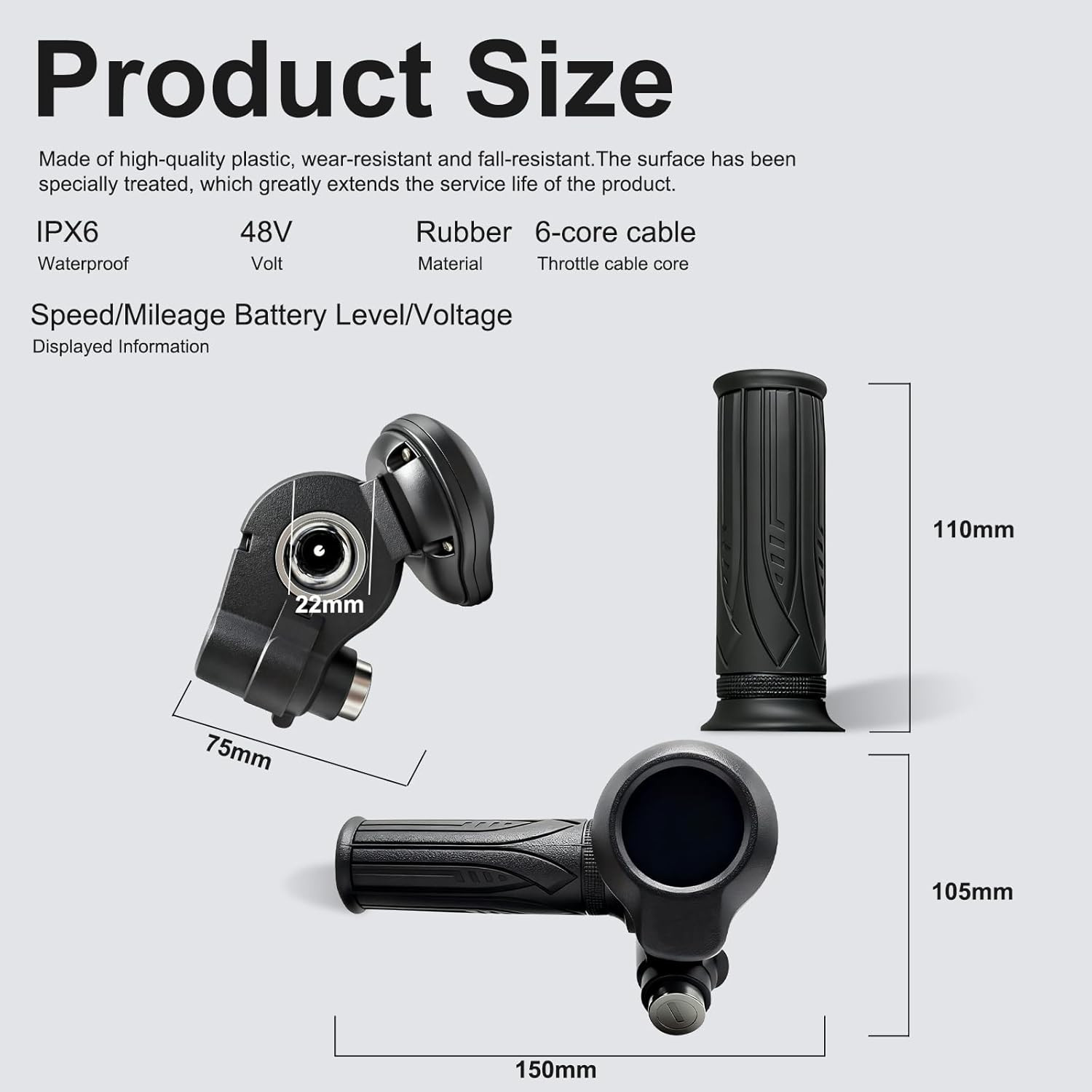 48V Ebike Throttle with Colored LCD Display, Key Lock 6 Pin Full Twist Throttle