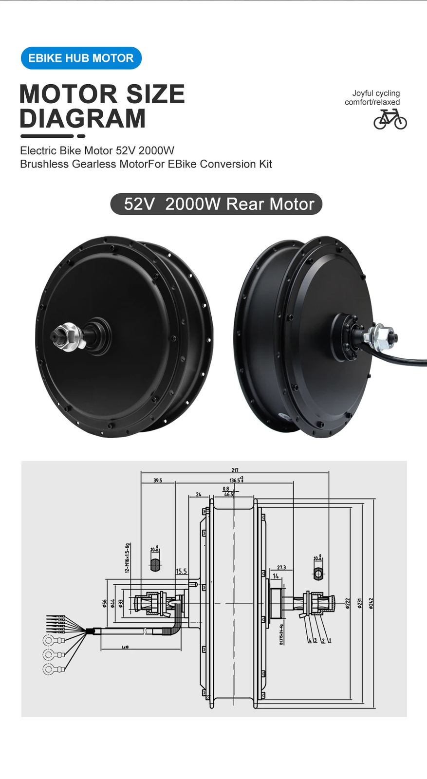 52V 2000W MTB Ebike Brushless Gearless Rear Hub Motor Wheel Drive 20-29inch 700C