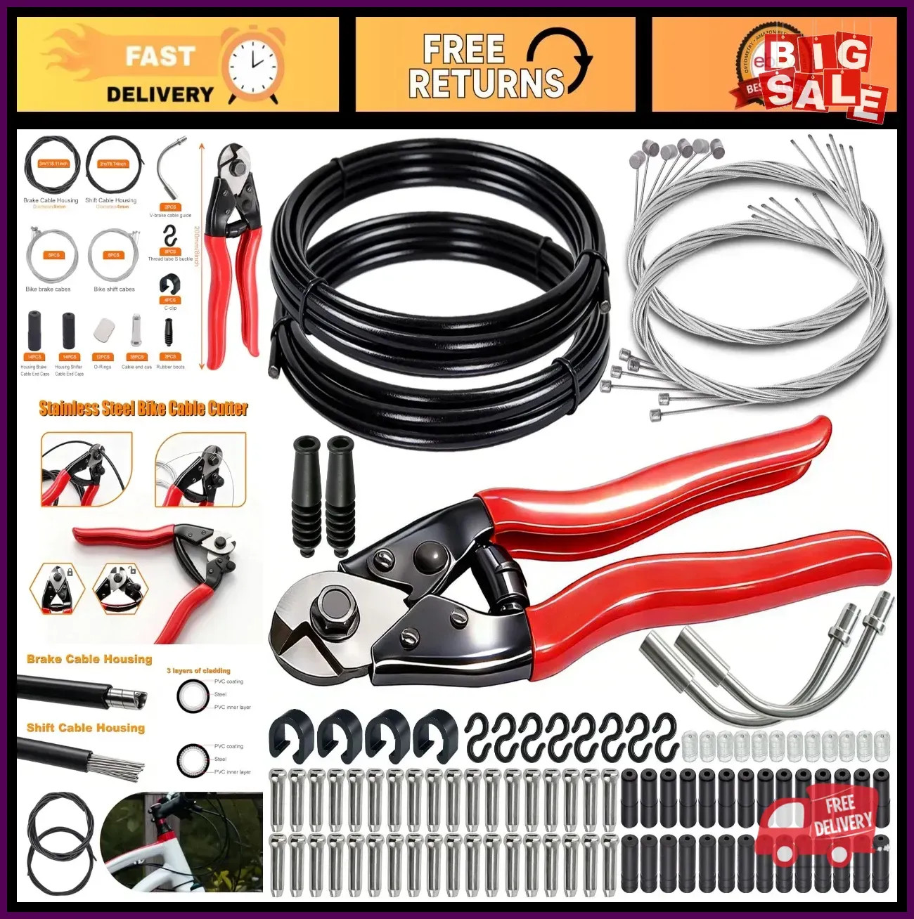 107PCS Stainless Steel Bike Cable Kit – Brake & Shift Cables, Cutters, Caps & O-