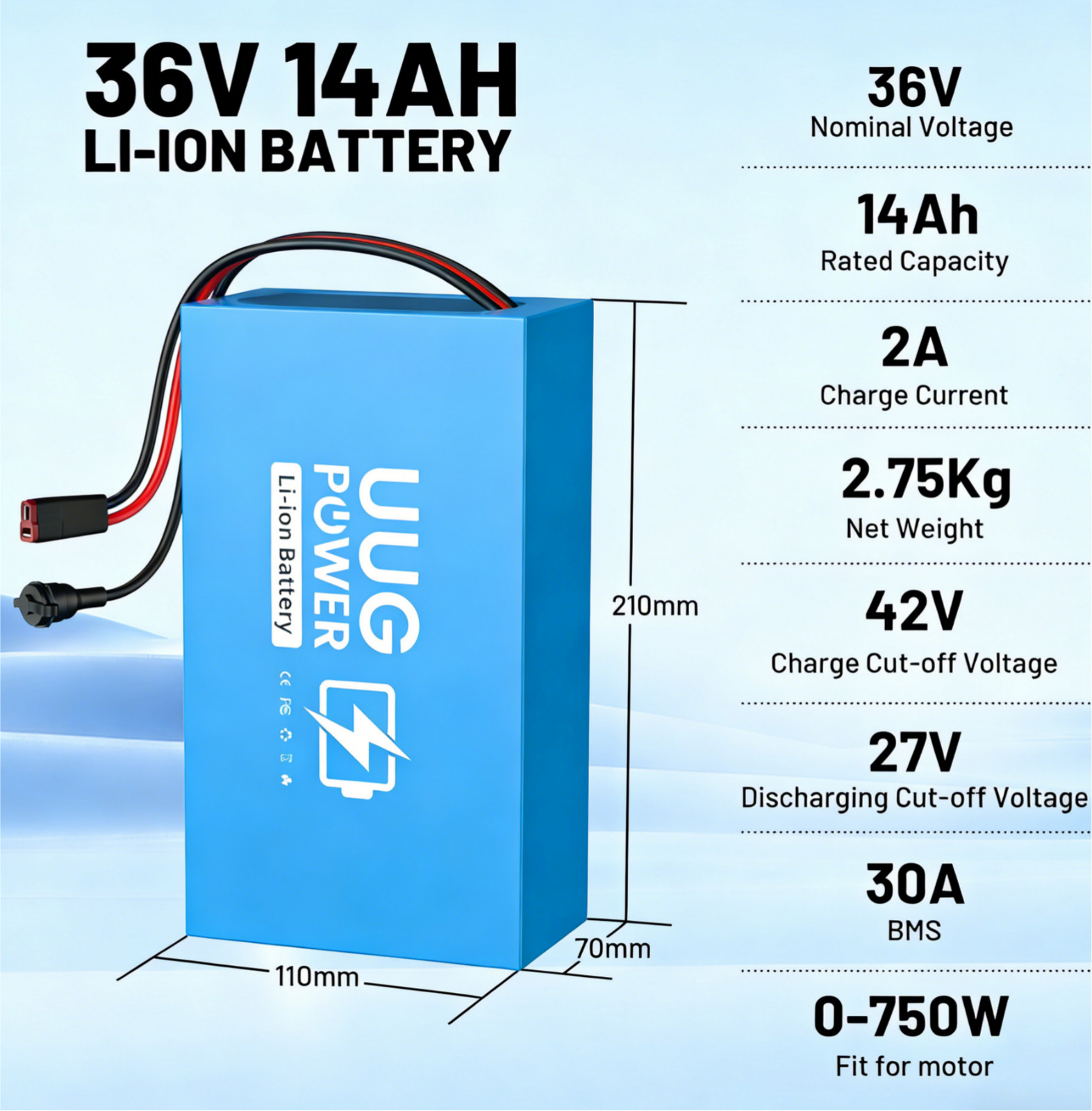 UUG 36V 14Ah Ebike Battery Lithium F o 0W-750W Motor BMS 30A 10s4p