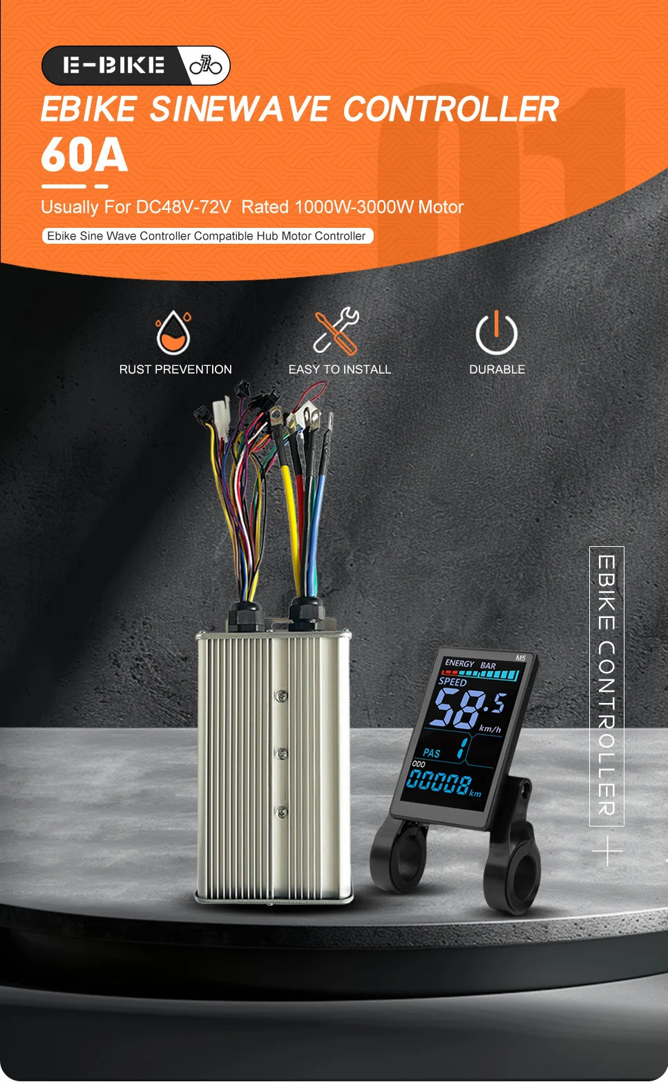 E-bike Controller 48V 52V 60V 72V 60A Sinewave Dual Mode Controller 1000W-3000W