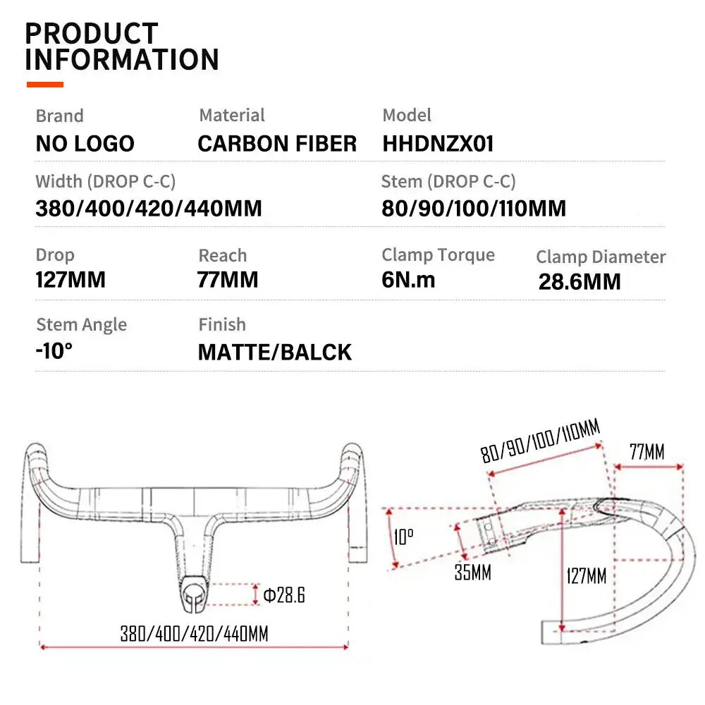 380-440mm Carbon Road Bike Integrated Handlebar 28.6mm Internal Routing Drop Bar