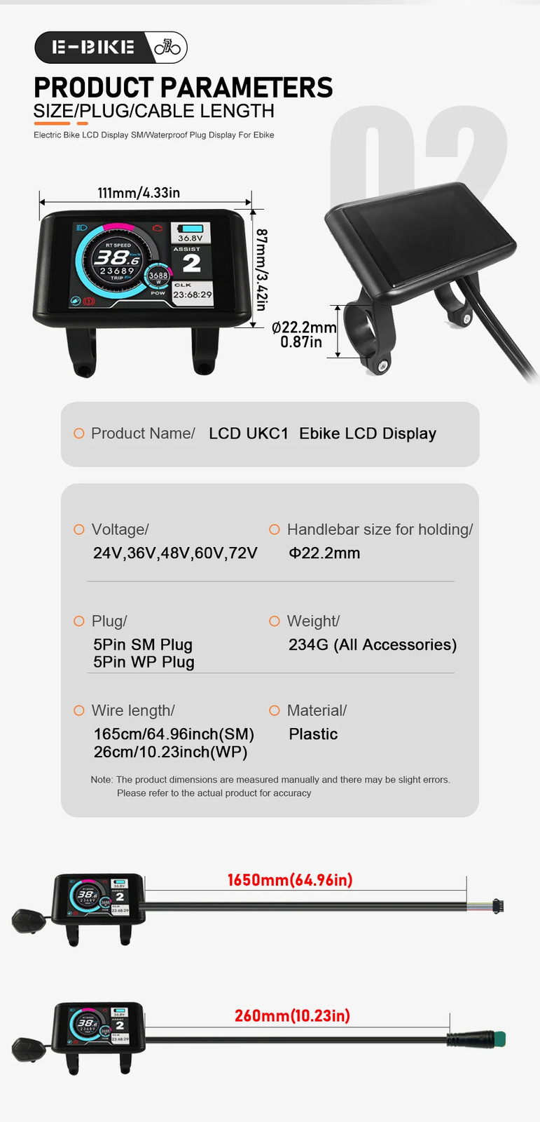 Electric Bicycle LCD Display 24V 36V 48V 52V 60V 72V SM/Waterproof Plug