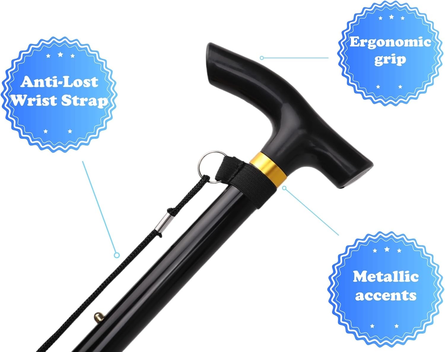 Folding Lightweight Walking Stick – Adjustable Aluminum Metal Black