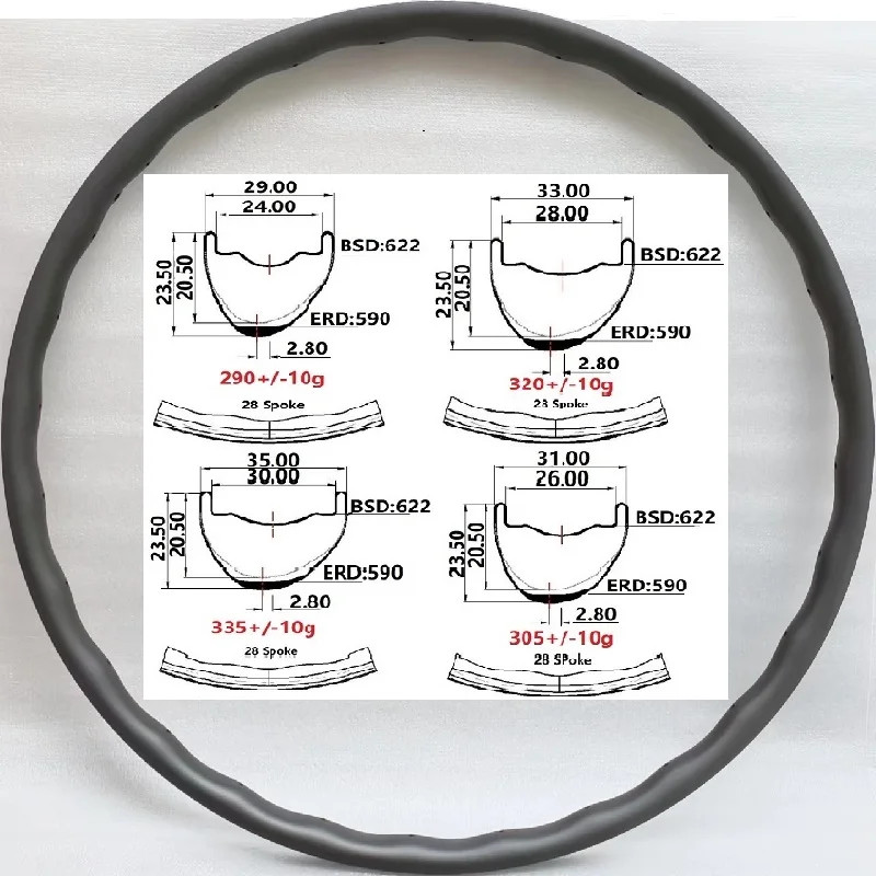 29 in Carbon Bike Rim HooklessTubeless MTB Asymmetric 29-35mm Width 23.5mm Deep