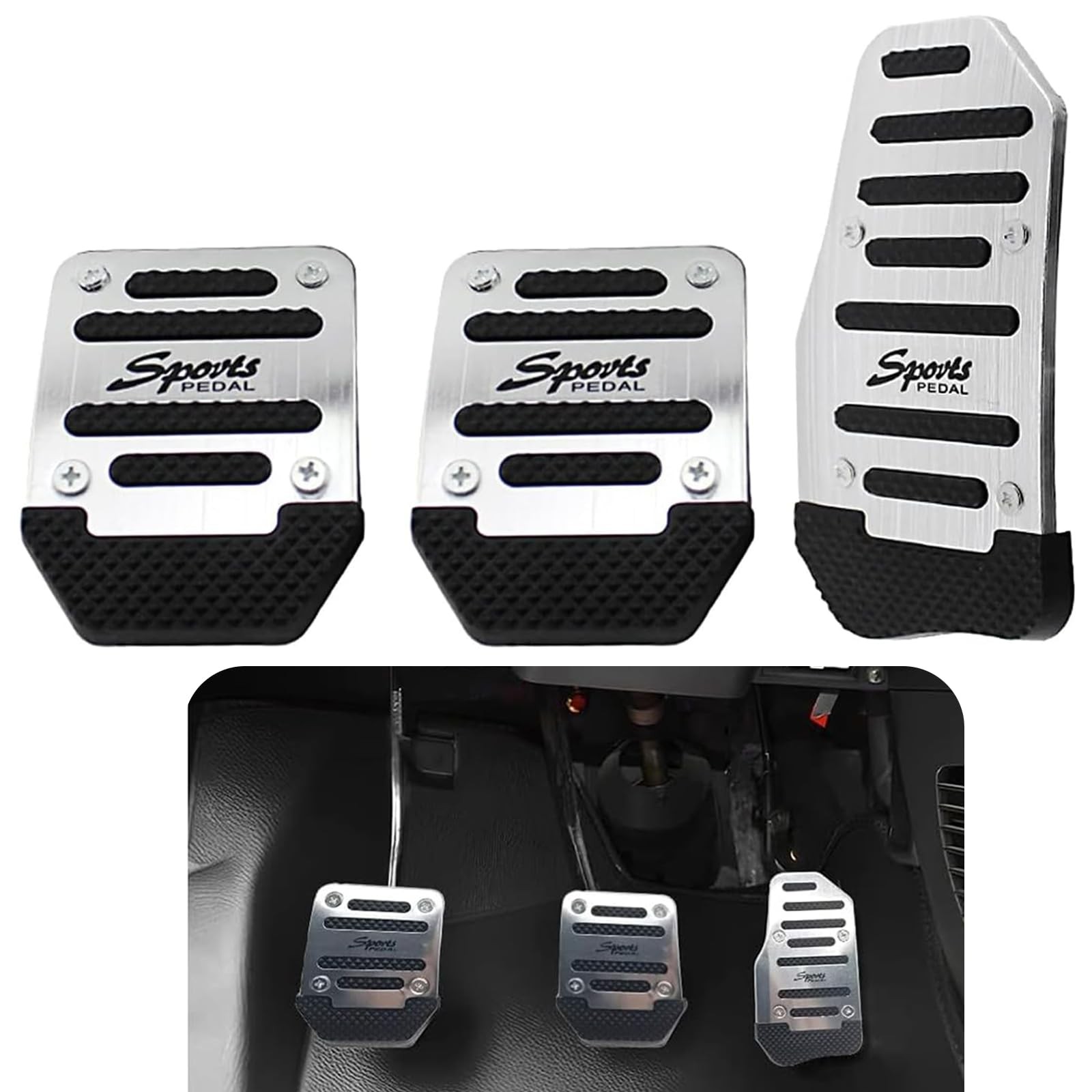 3-Pack Aluminum Alloy Non-Slip Car Pedal Covers, Anti-Rubbing Brake & Silver