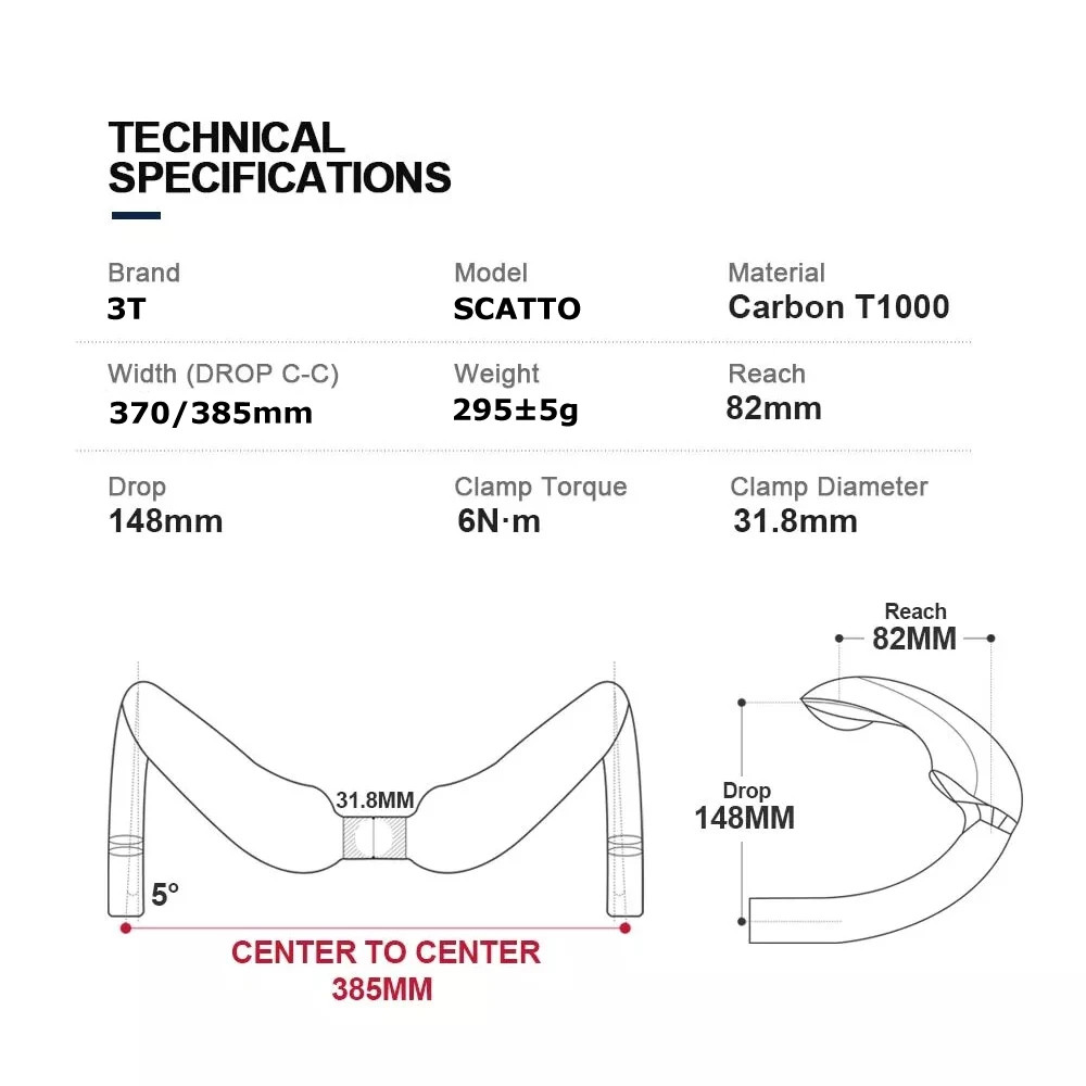 3T Full Carbon Road Track Bike Handlebar Gloss 31.8mm 370/385mm Drop Handlebar