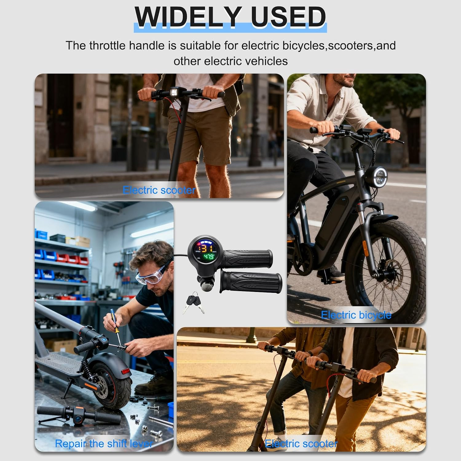 48V Ebike Throttle with Colored LCD Display, Key Lock 6 Pin Full Twist Throttle