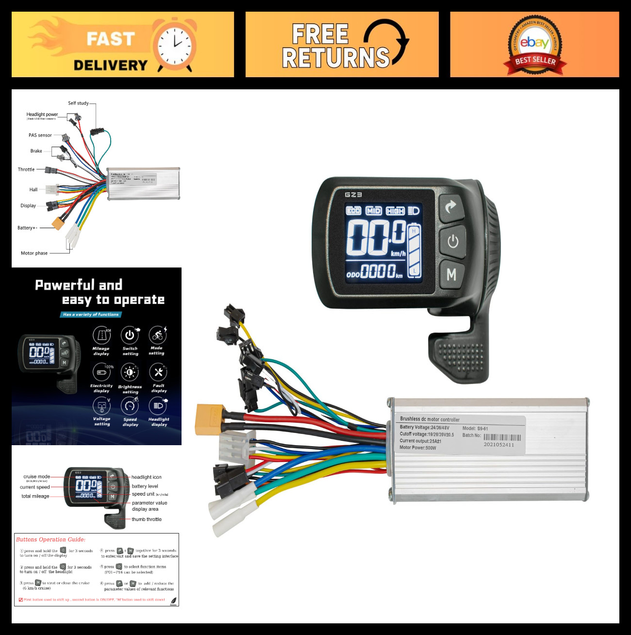 500W 25A Ebike Controller Kit – 24V/36V/48V Brushless Motor & LCD Display Panel