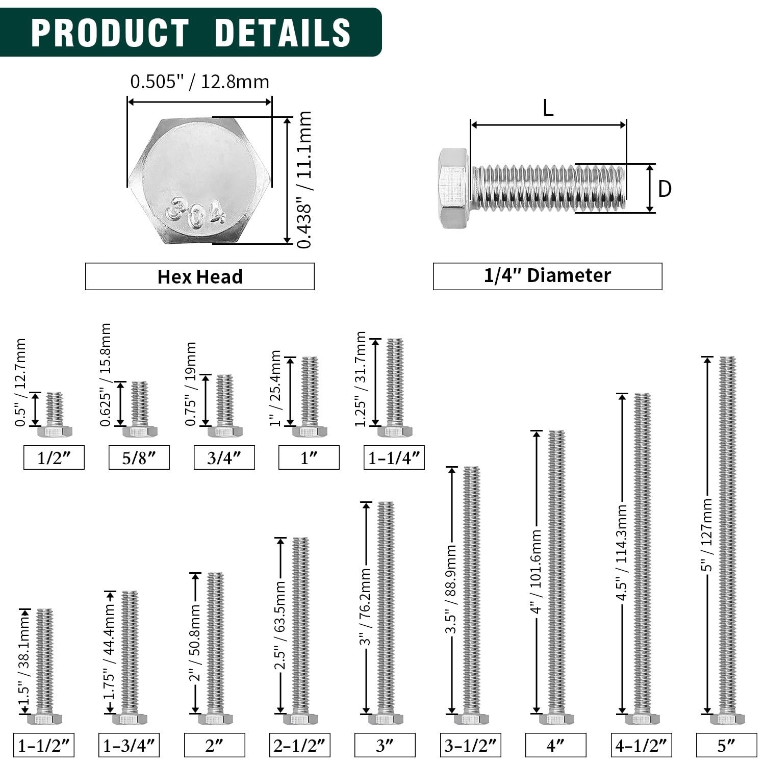 (10 Sets) 1/4-20 x 2 Hex Bolt and Nut Kit, 304 Stainless Steel (18-8), Fully …