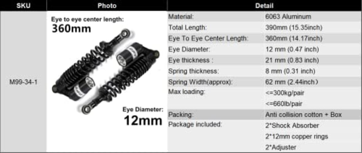 360mm 14.17 inch 7mm Spring Universal Motorcycle Air Shock Absorber Rear Black