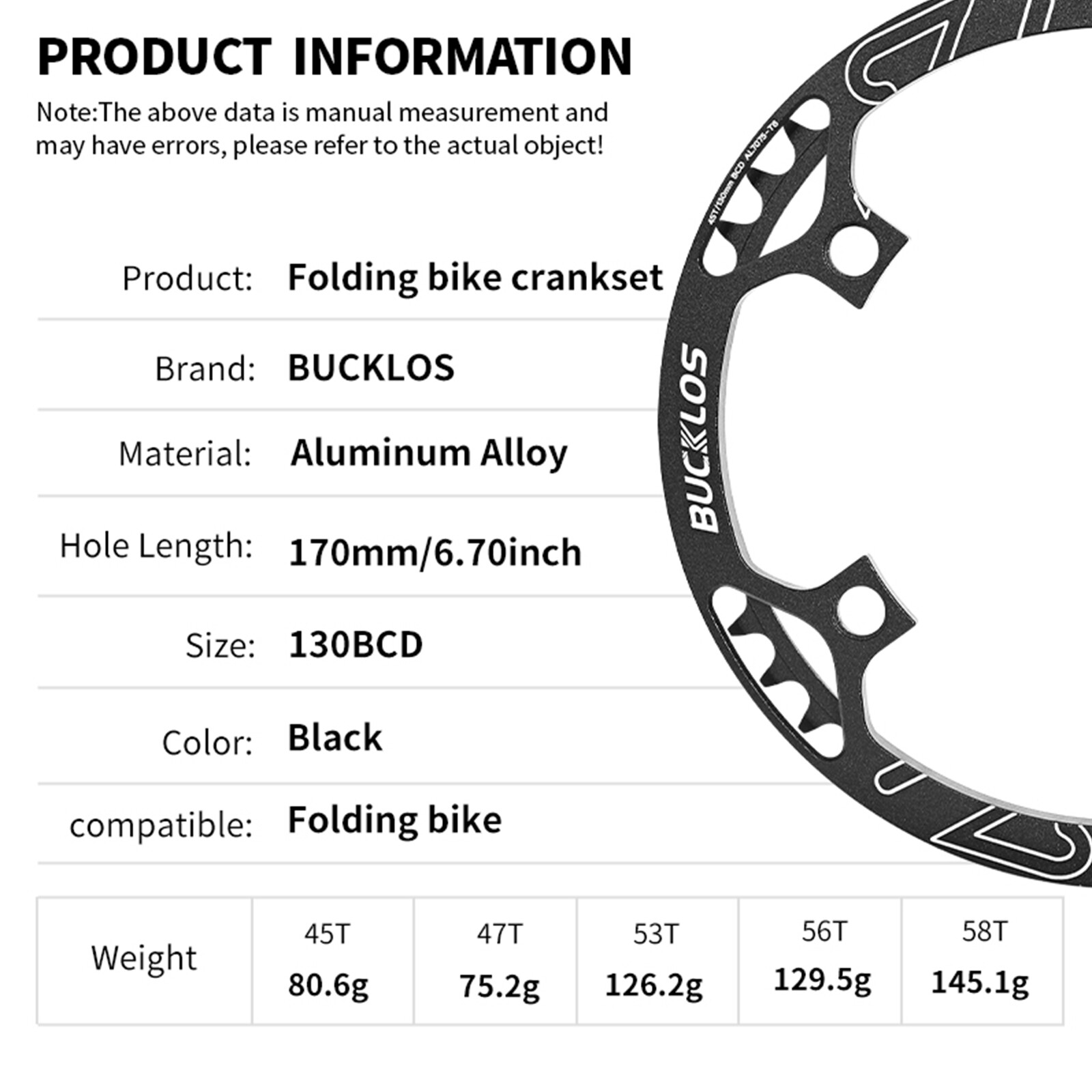 BUCKLOS 130BCD Folding Road Bike Chainring 45-58T Bicycle Chain Wheel Crankset