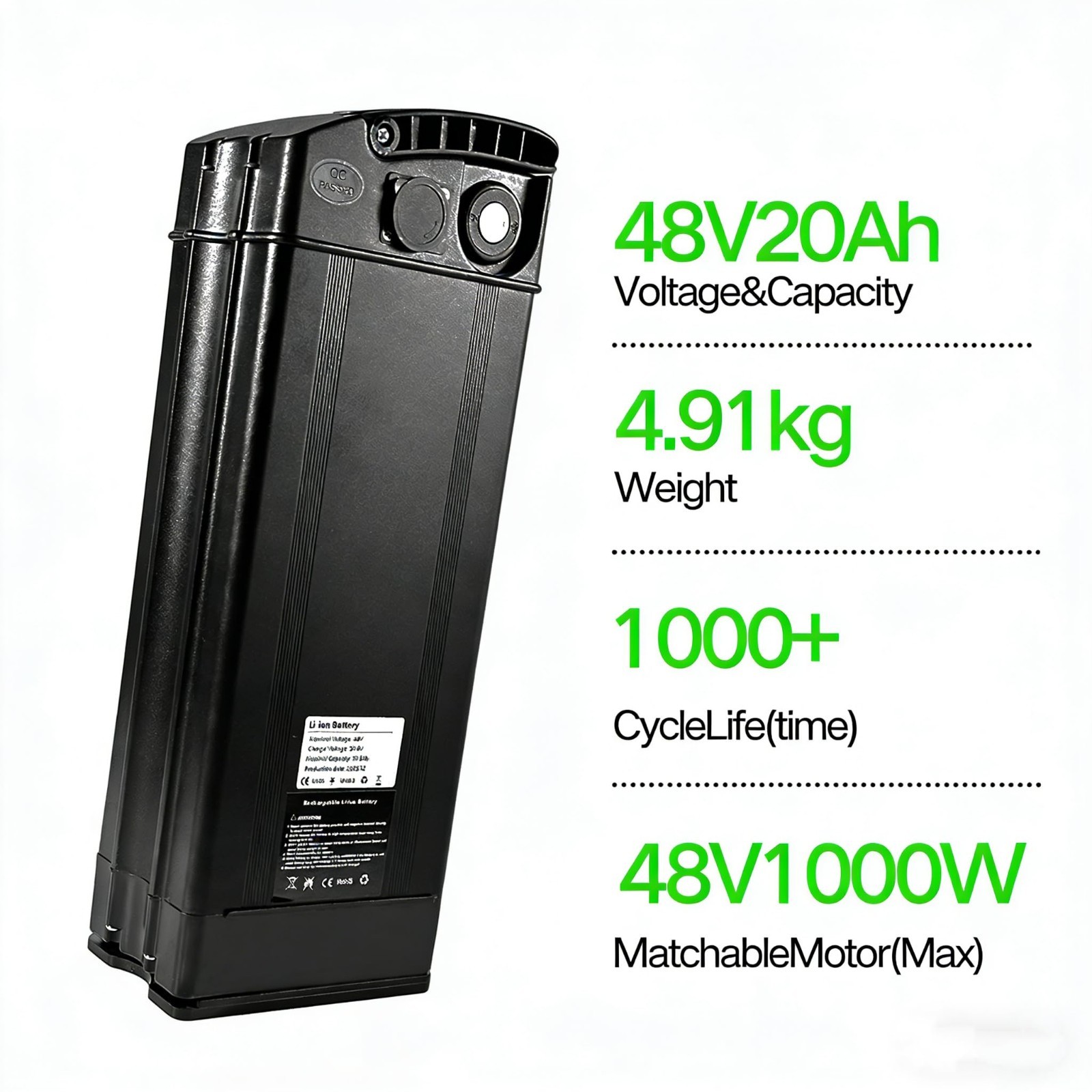 48V Lithium Battery, 20AH/13AH, with 30A BMS, No Bottom Connection Port