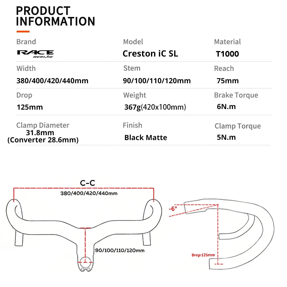 -6 Degree Aero Carbon Fiber Road Bike Drop Bar 380-440mm Di2 Compatible