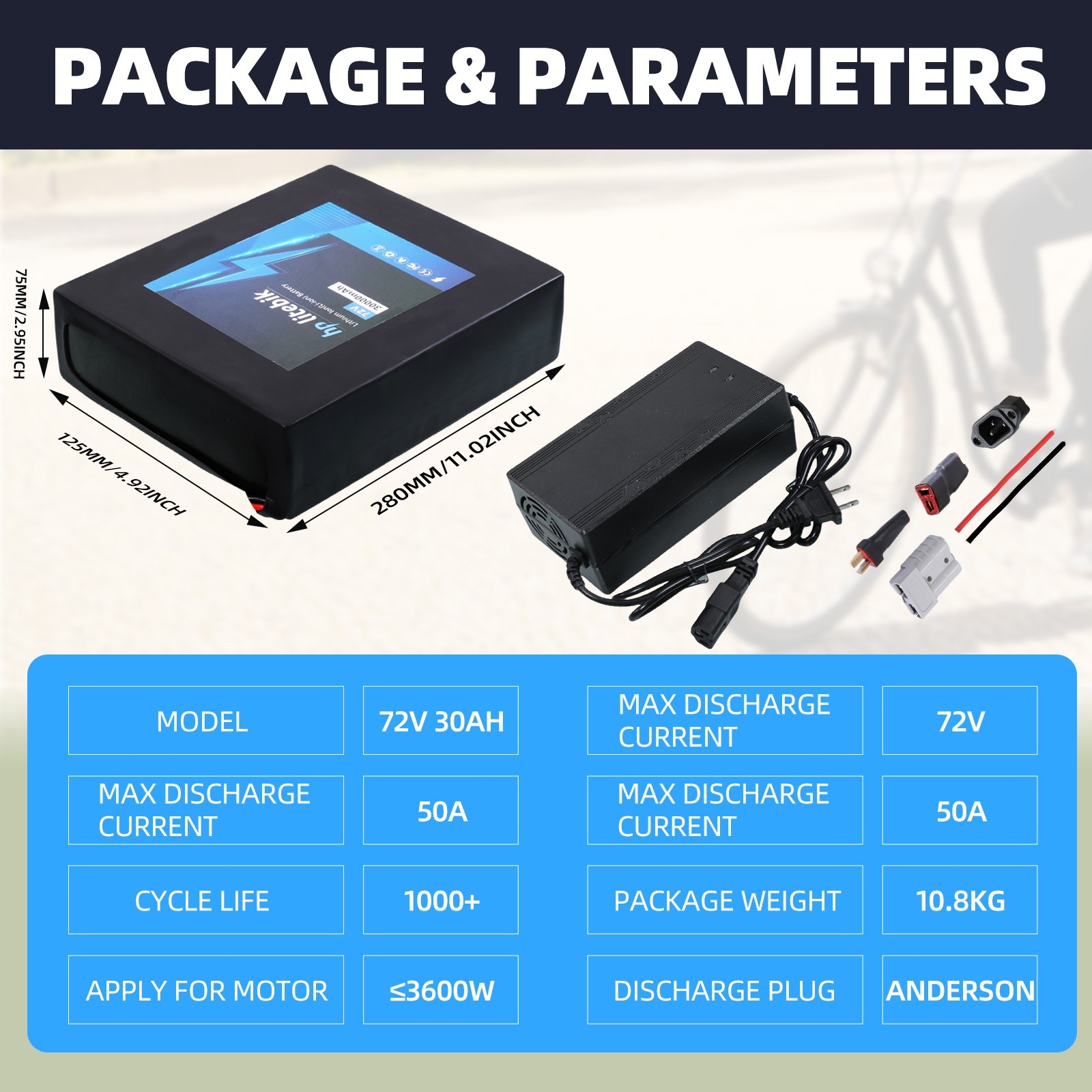 Ebike Lithium Battery 72V 30AH BMS for Electric Bike 3600W Motors Anderson plug