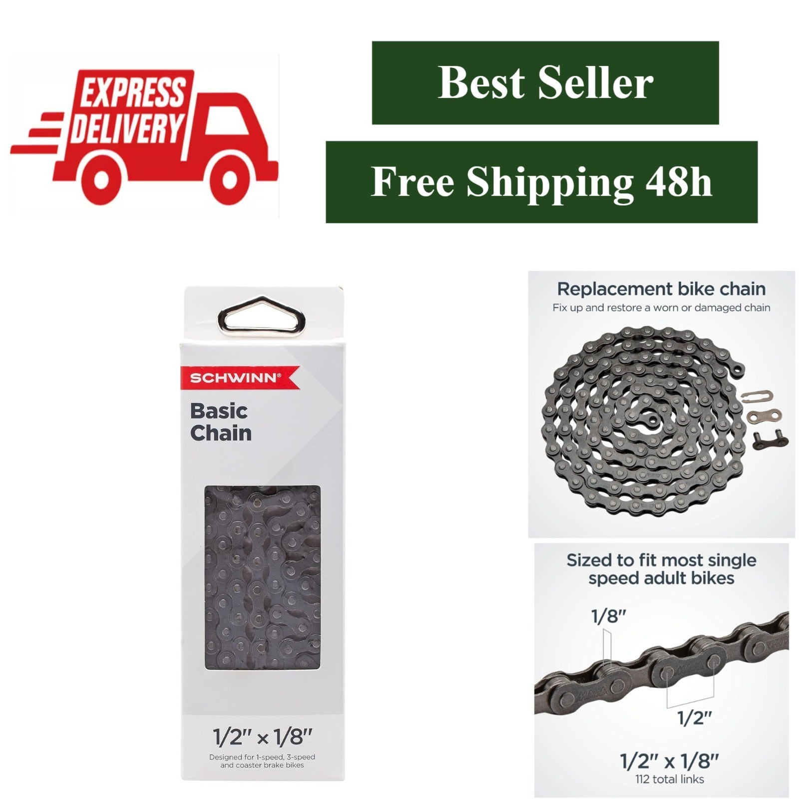 Schwinn Steel Replacement Bike Chain 112 Links for Single & Multi-Speed