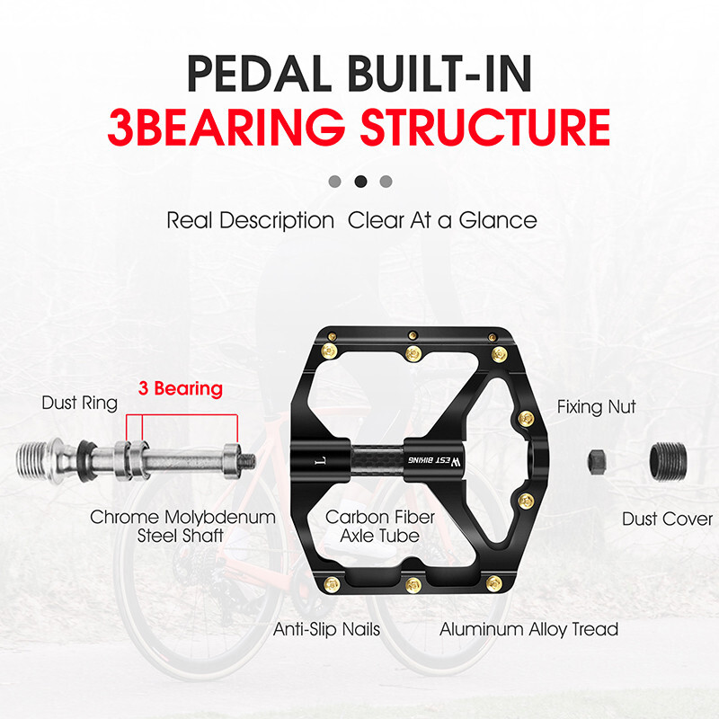 WEST BIKING Bike Pedals Carbon Fiber Axle 3 Bearing Bicycle Pedals Black a Pair