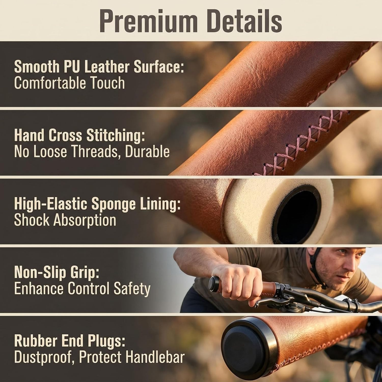 2Pcs 12Cm/4.7 Inch Long Brown PU Leather Bike Handlebar Grips with End Cap Hand-