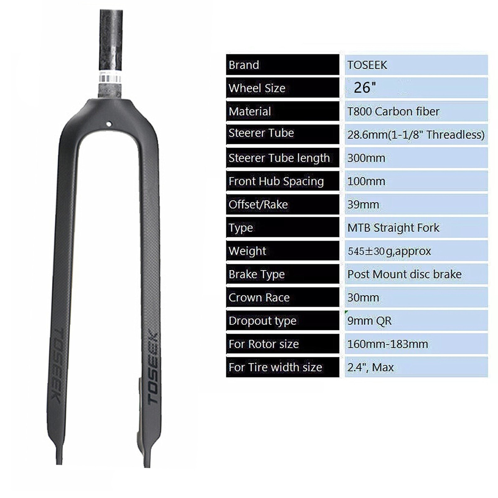 26″ TOSEEK 1-1/8″ Full Carbon Fiber MTB Fork Disc Brake Rigid Super Light Fork