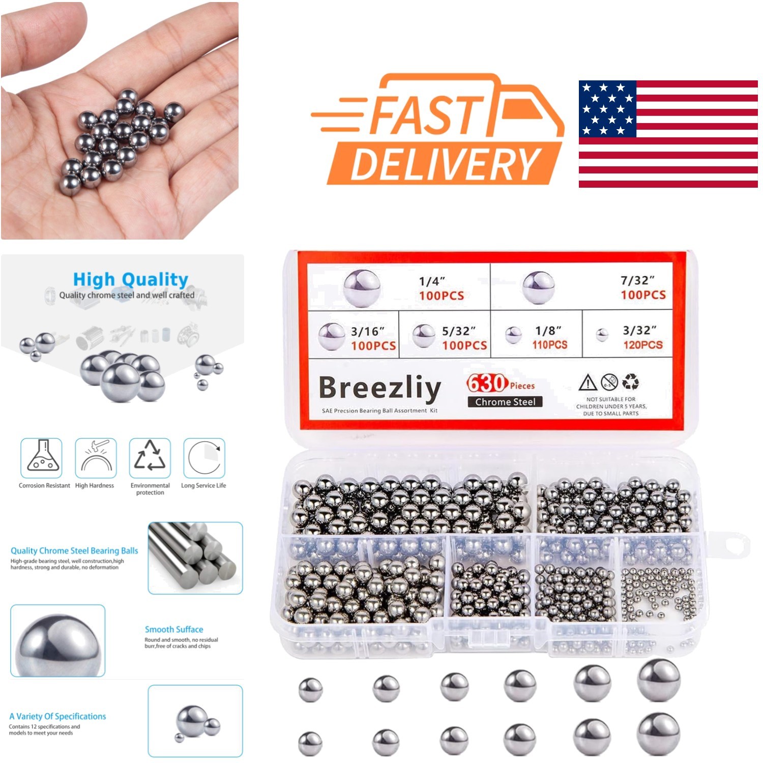 Assorted Bicycle Bearing Balls 630 Piece Set Various Sizes Durable Chrome Steel