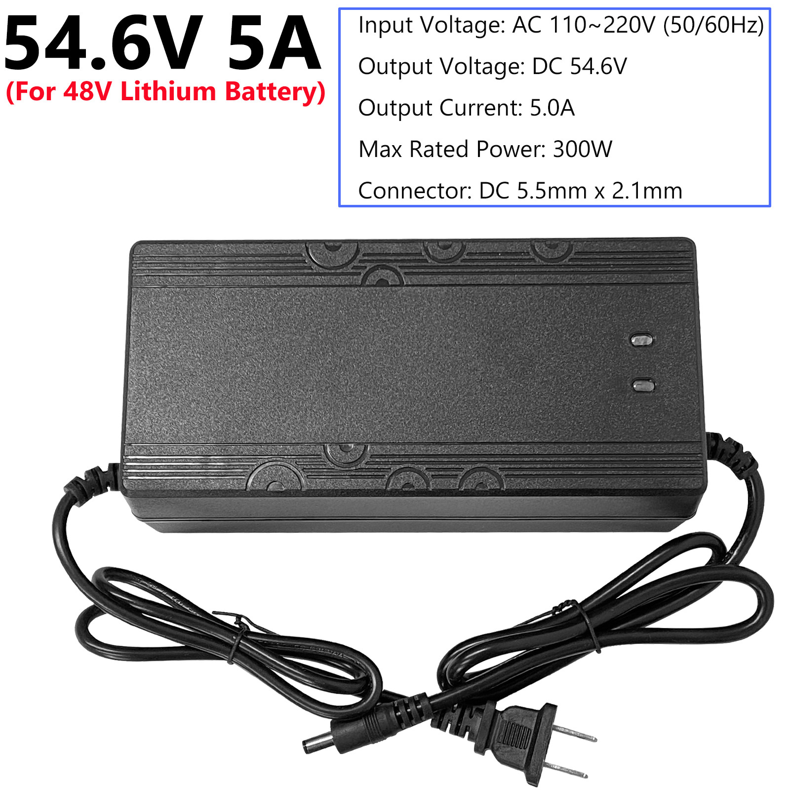 54.6V 5A Smart Charger for 48V Electric Bicycle Li-ion Battery DC 5.5×2.1mm Plug