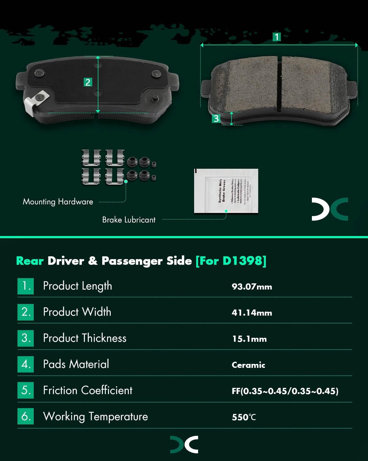 Scitoo D1398 D1447 Ceramic Brake Pads Sets W/Hardware Replacement For Hyundai