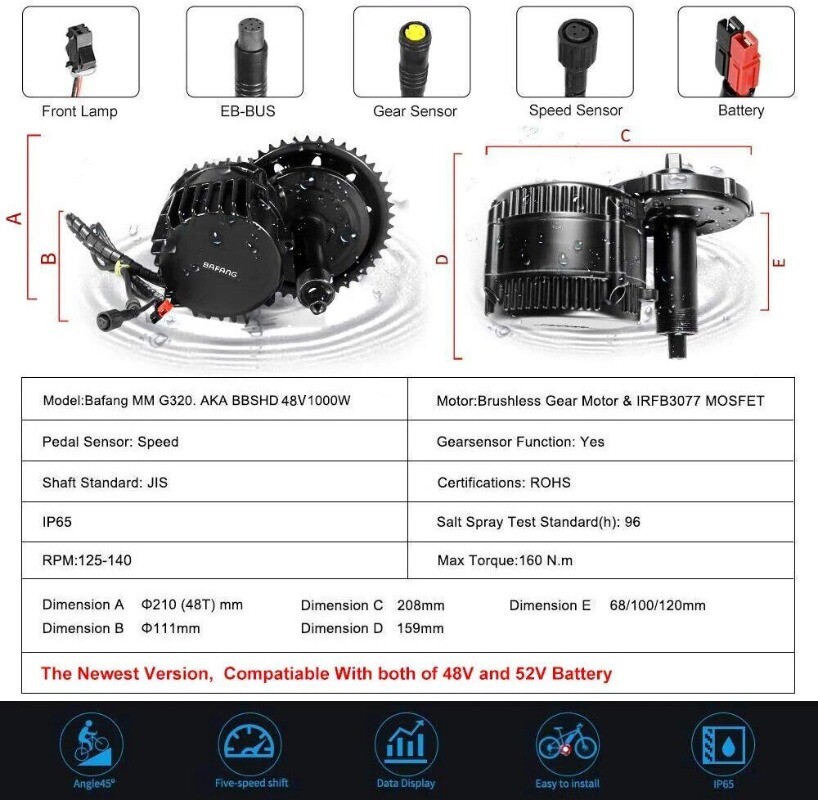 36V 48V 52V 500W 750W 1000W Mountain Electric Bike Gear Mid Motor Conversion Kit