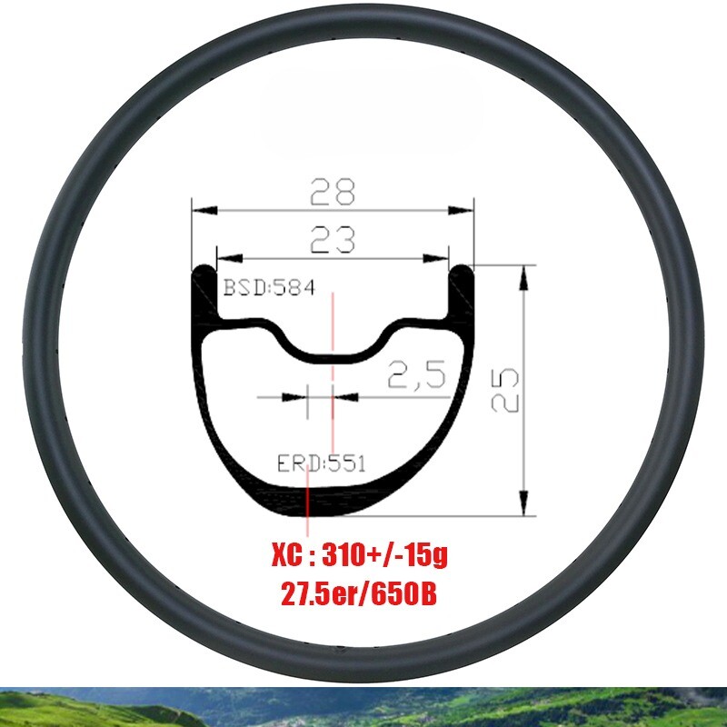 27.5er 650B XC MTB Off-Road Asymmetric Carbon Rim 28X25mm Clincher Tubeless 28H