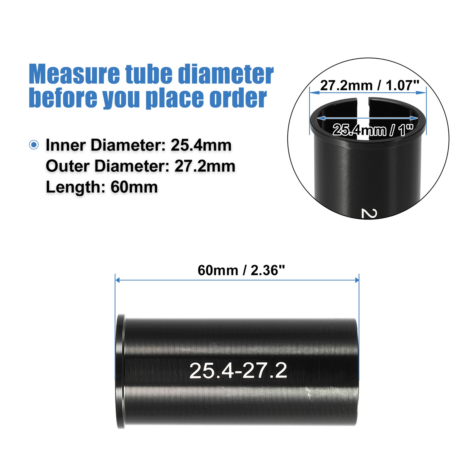 2 Pcs 25.4mm to 27.2mm Bicycle Seat Post Tube Adapter Reducing Sleeve Black