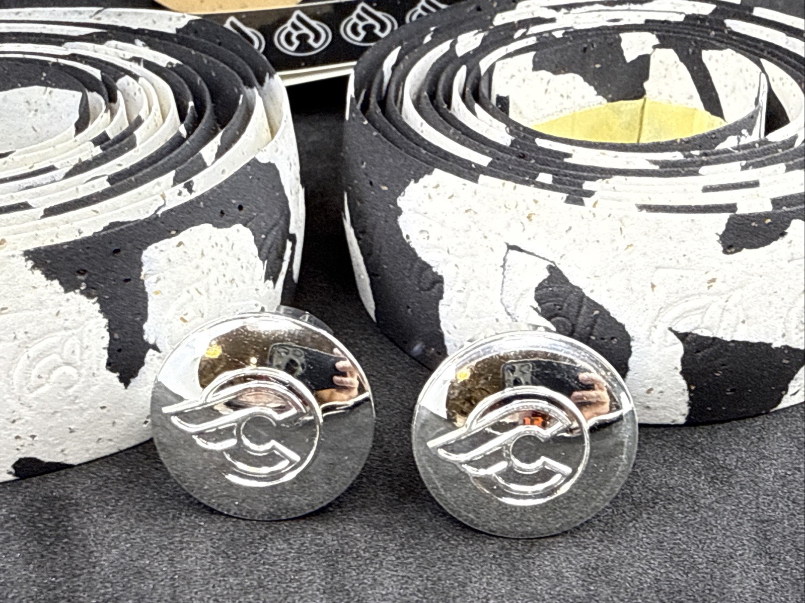 NOS VINTAGE Cinelli CORK White & Black MacroSplash Handlebar Tape Chrome Plugs