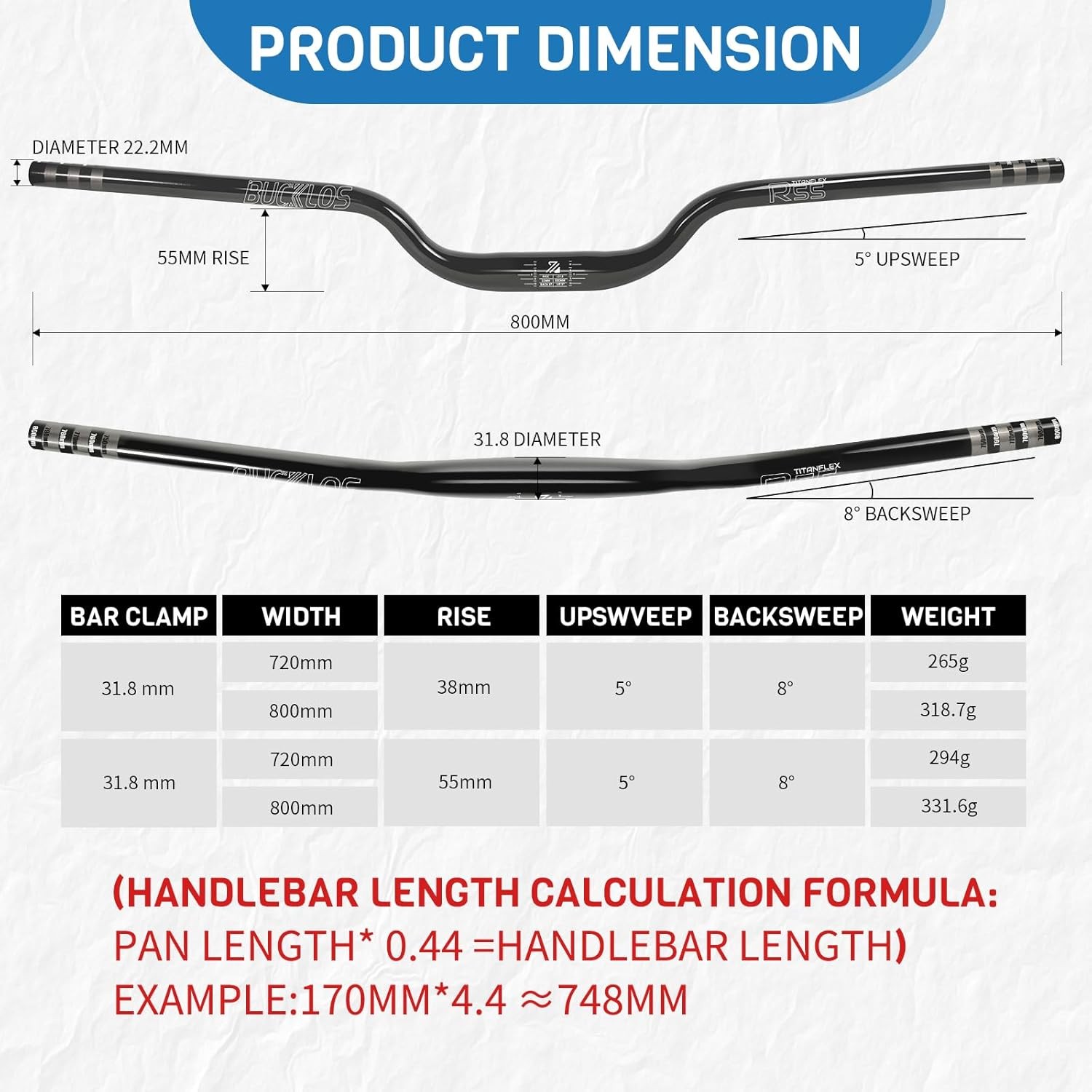 BUCKLOS 31.8mm—55mm Rise Mountain Bike Handlebars Riser Bar, Aluminum Alloy MT