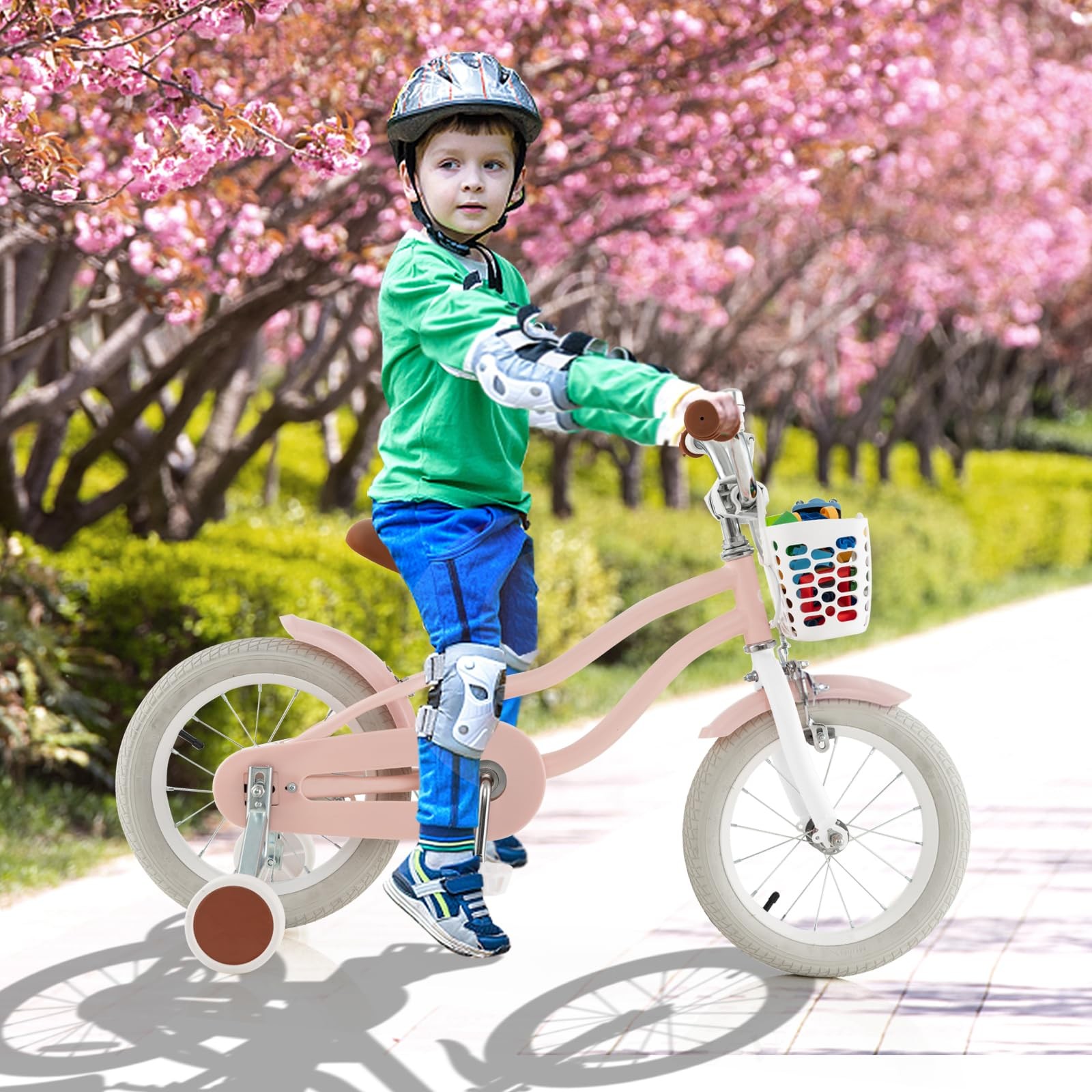Honey Joy Kids Bike 14 Inch Pink Toddler Bikes W/Training Wheels Brake Fully
