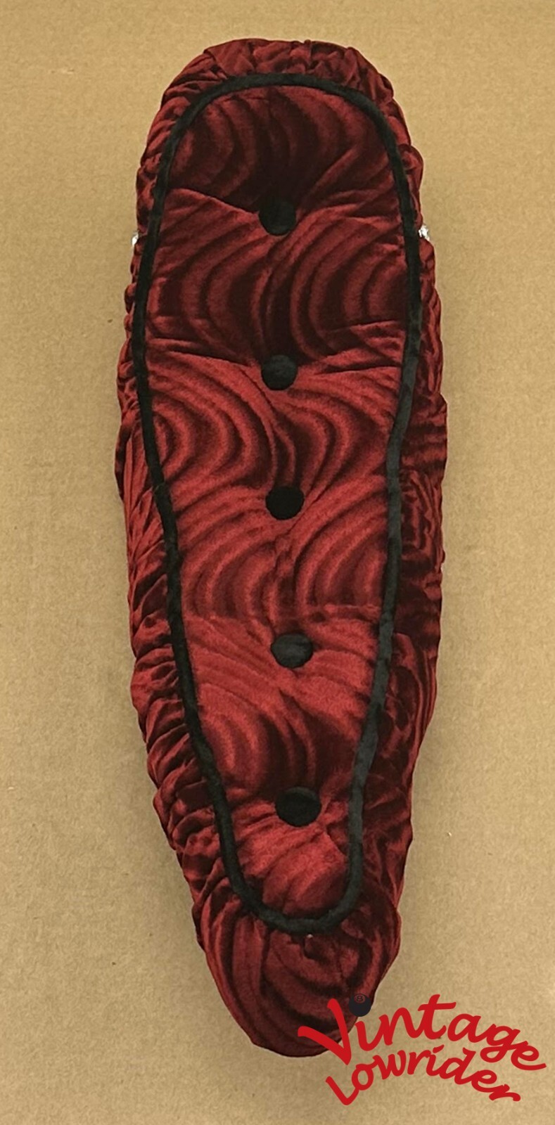 20″ CUSTOM LOWRIDER RED POLO BANANA SEAT WITH BUTTON & TRIM, CLEAN FINISHING.