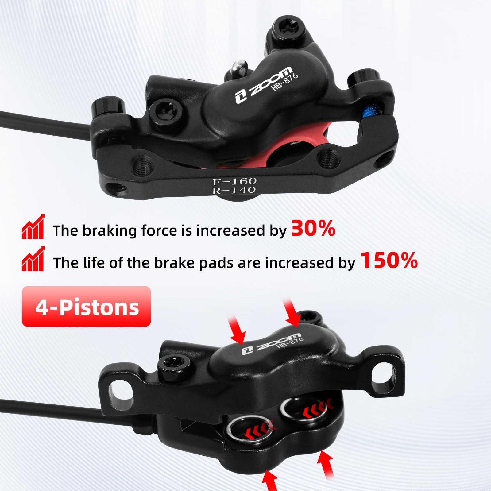 Z00M HB876E 2-PIN 4-Pistons E-Bike Power-Off Hydraulic Brake Set, Pre-Bled wi…