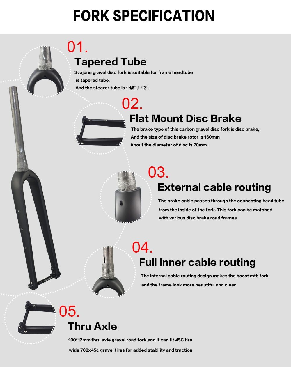 Carbon Gravel bike Rigid Fork Disc Brake 700C Thru Axle 100*12mm Road Bike Fork