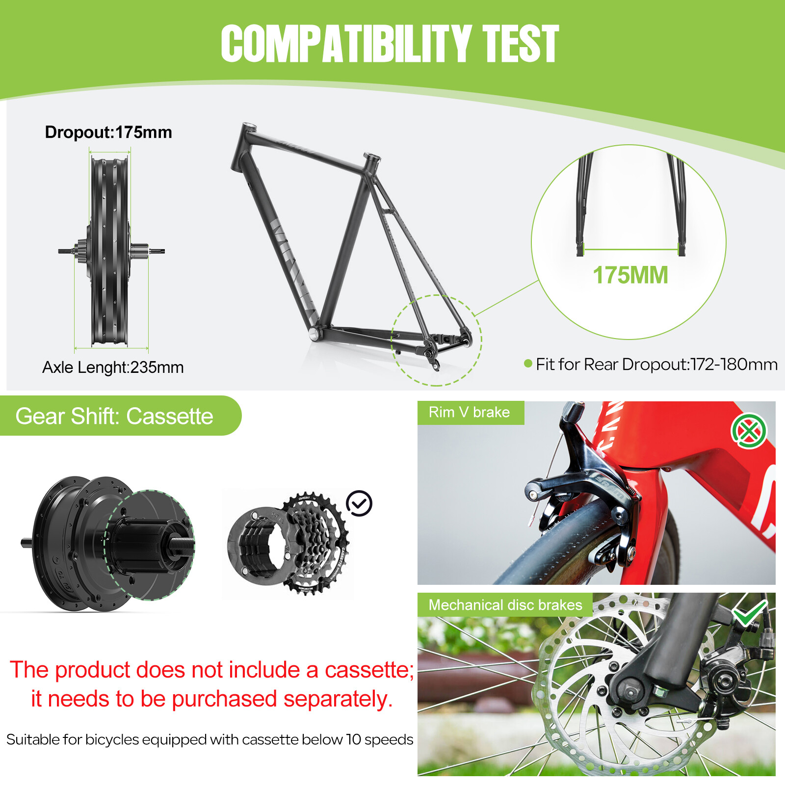 BAFANG 48V1000W172-180mm Rear Hub Motor Wheel Hub Motor Bicycle Conversion Kit