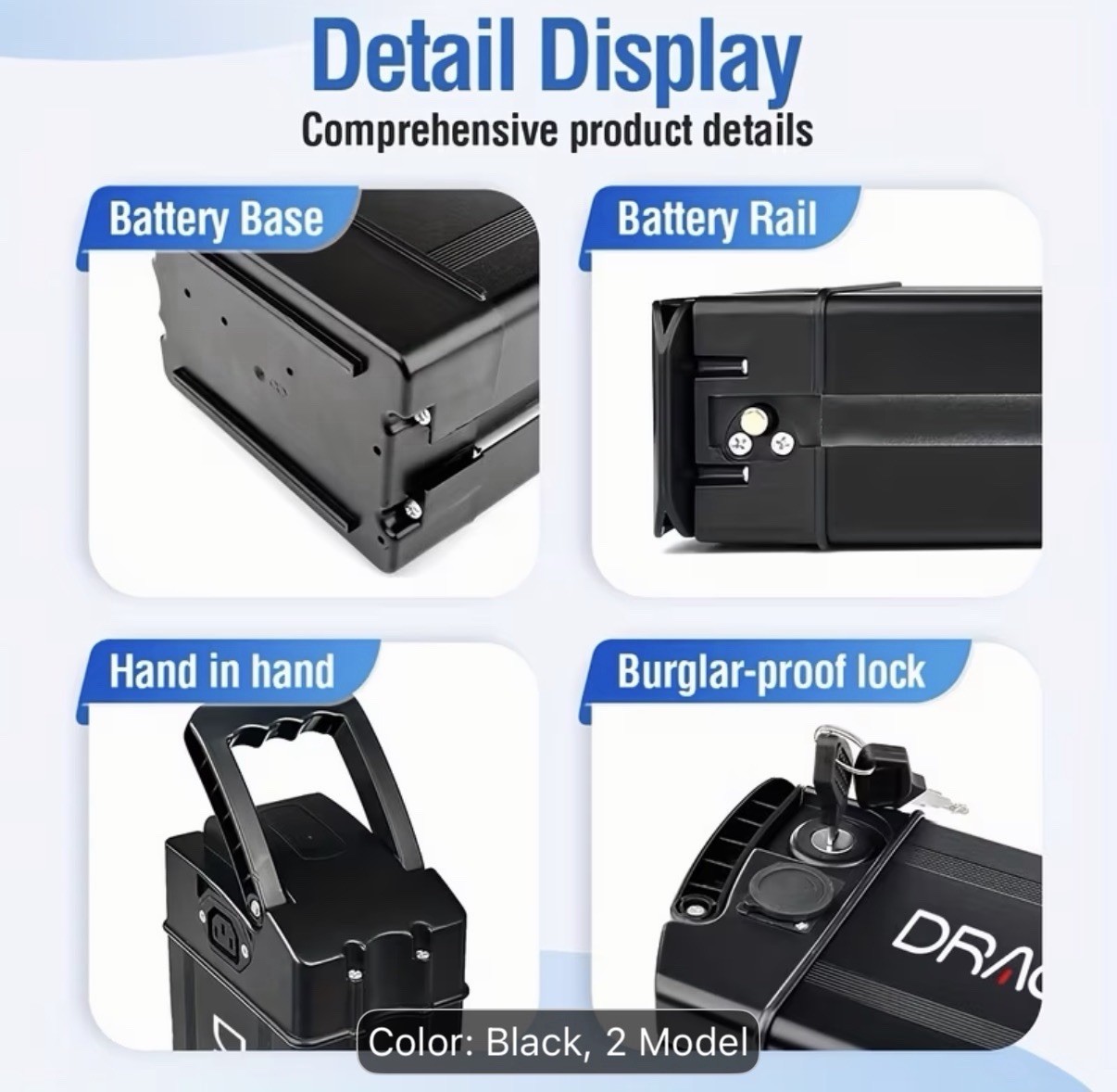 DRAGON CORE 48V 15Ah 720Wh Lithium E-Bike Battery, Black, 3-Pin, Lock