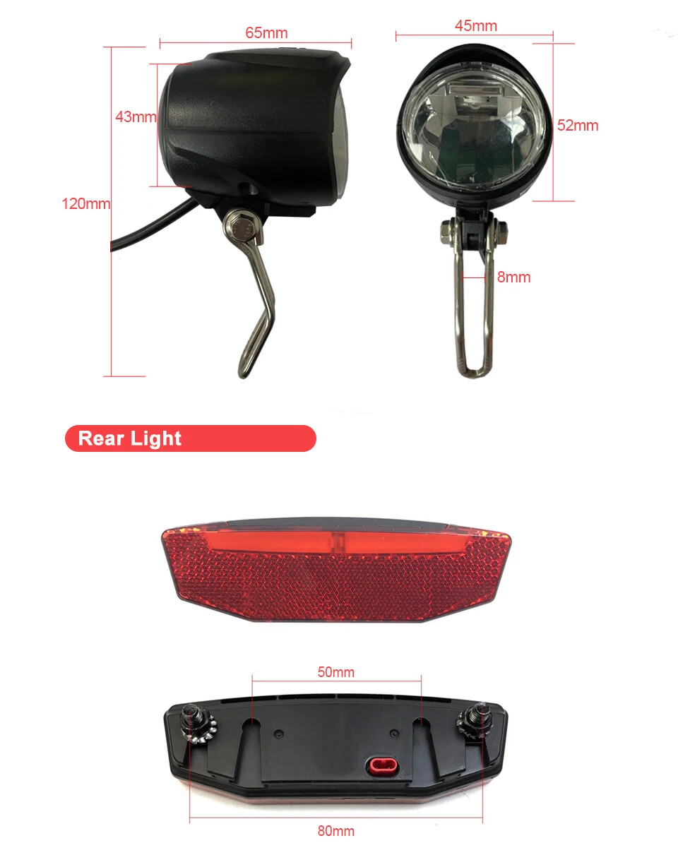 E-bike LED Headlight and E-Bike Rear Light 12V 24V 36V 48V 60V for Electric Bike